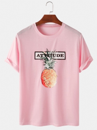 100% Bomuld Brevtryk Ananas Mønster Pink Kortærmede Casual T-shirts