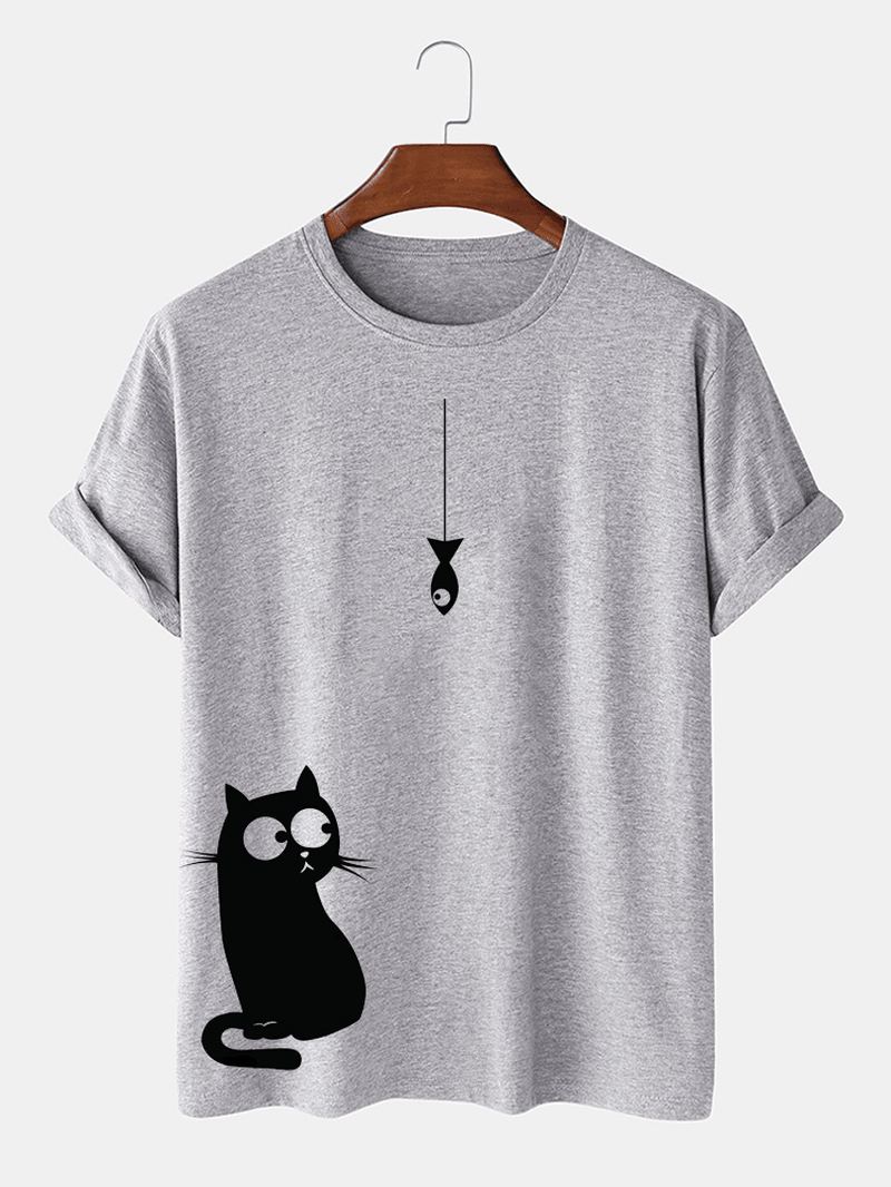 100% Bomuld Tegneserie Kat Med Tryk Runde Løs Hals Kortærmede T-shirts