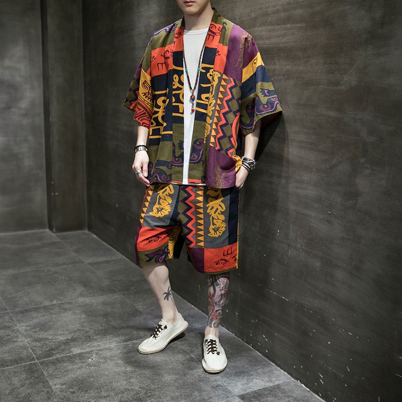 2021 Mænd Sæt Etnisk Stil Trykt Halværmet Cardigan Skjorte Shorts Med Åben Sting Afslappet Løs Gade Vintage Herredragt