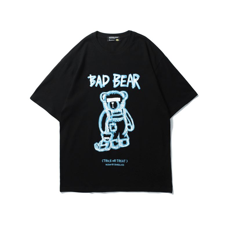 2021 Summer New Tide Brand Creative Graffiti Bear Med Tryk Kortærmet T-shirt Herre Løs Halværmet T-shirt Med Rund Hals