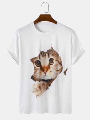 Herre 3d Cute Kat Med Tryk Solid Casual Løs Kortærmet T-shirt