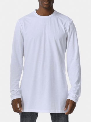 Herre Ensfarvet Rund Hals Side Split Langærmet Casual T-shirts