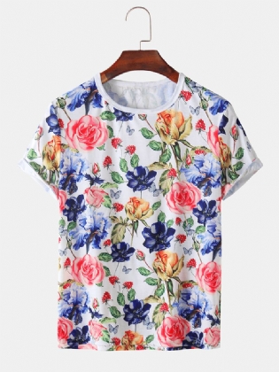 Herre Rose Blomstertryk Holiday Casual Kortærmede T-shirts