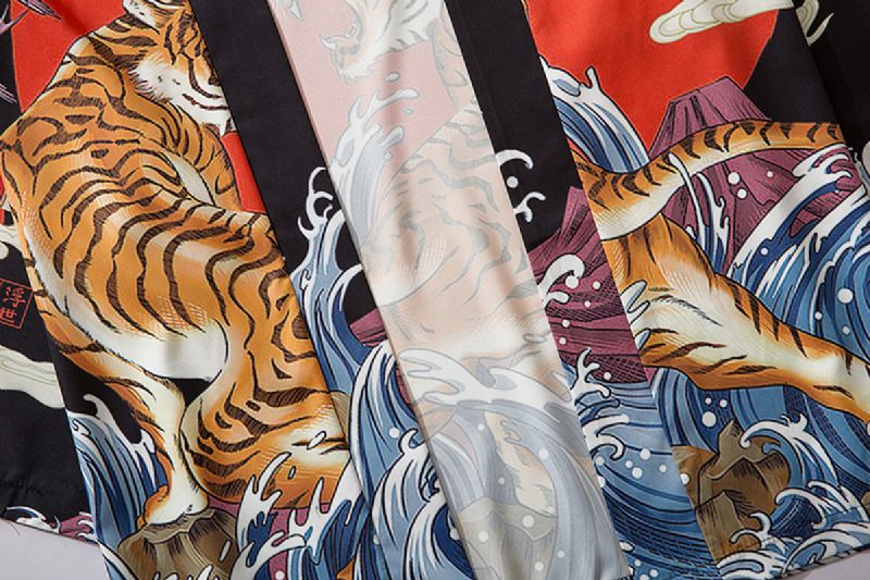 Japansk Ukiyo-e Robe Kostume Tiger Med Tryk Kimono