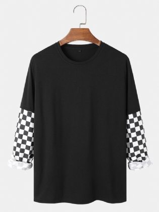 Langærmet Herre Skakternet False Two Patchwork T-shirt
