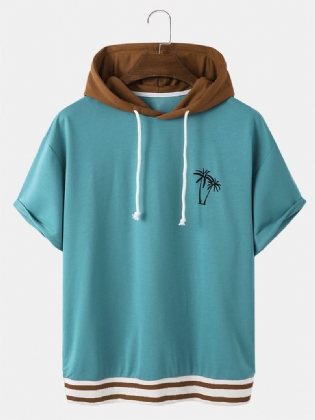 T-shirts Med Hætte Til Mænd Med Broderi Af Kokosnødtræ Med Patchwork Drop Shoulder