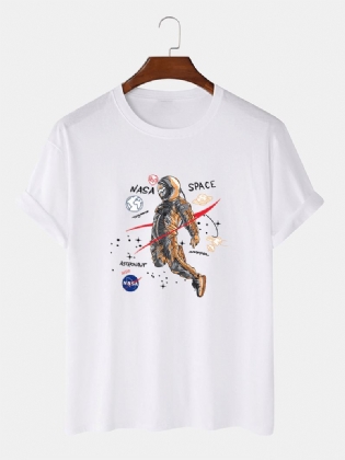 Tegneserie Astronaut Med Tryk 100% Bomuld Casual Kortærmede T-shirts