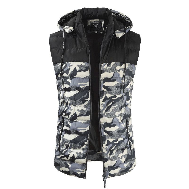 Herre Camo Patchwork Aftagelig Hætte Tyk Varm Polstret Vest