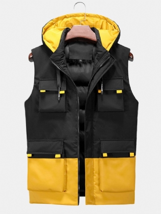Herre Contrast Patchwork Varme Vindtætte Polstrede Hætteveste Med Multilomme