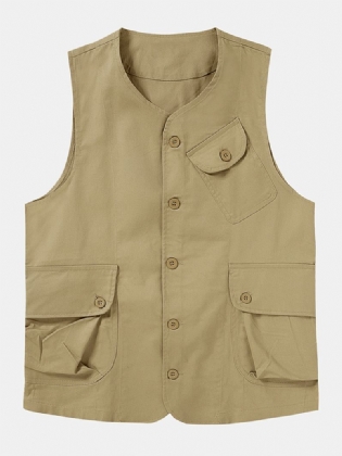 Herre Solid Color Multi Pocket Button Up Ærmeløse Udendørsveste