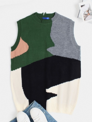 Herre Uregelmæssig Farve Blok Ripped Crew Neck Strikket Casual Ærmeløse Veste