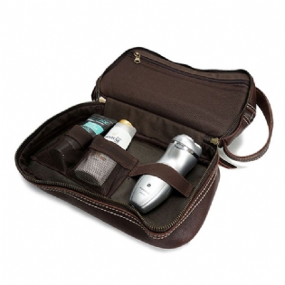 Ægte Læder Vintage Kosmetiktaske Til Mænd Solid Stor Kapacitet Travel Pouch Wash Bag