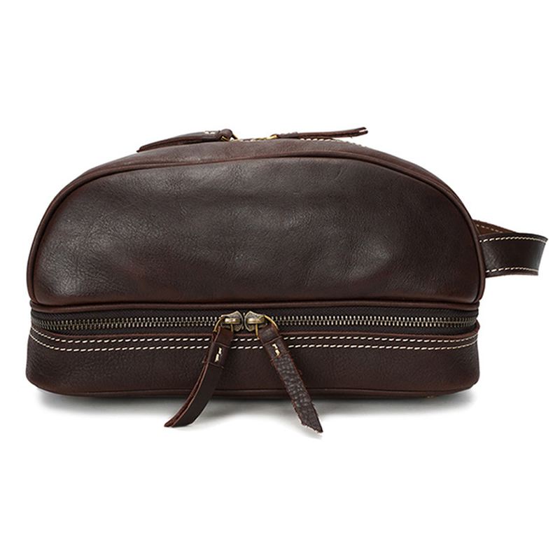 Ægte Læder Vintage Kosmetiktaske Til Mænd Solid Stor Kapacitet Travel Pouch Wash Bag
