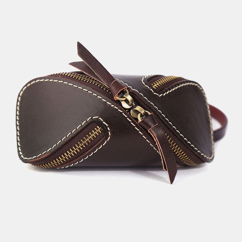 Mænd Ægte Læder Ensfarvede Oval Lynlås Retro Nøgle Sag Kort Sag Clutch Tasker