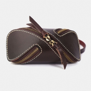 Mænd Ægte Læder Ensfarvede Oval Lynlås Retro Nøgle Sag Kort Sag Clutch Tasker