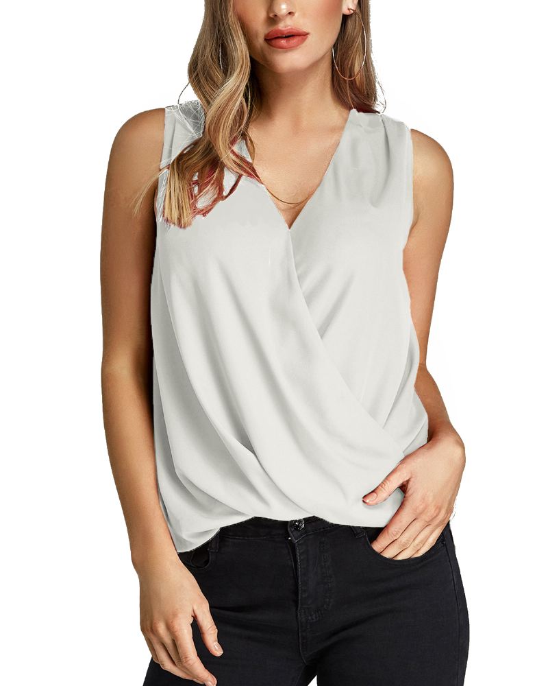 Ensfarvet V-hals Plisseret Uregelmæssig Søm Tanktops