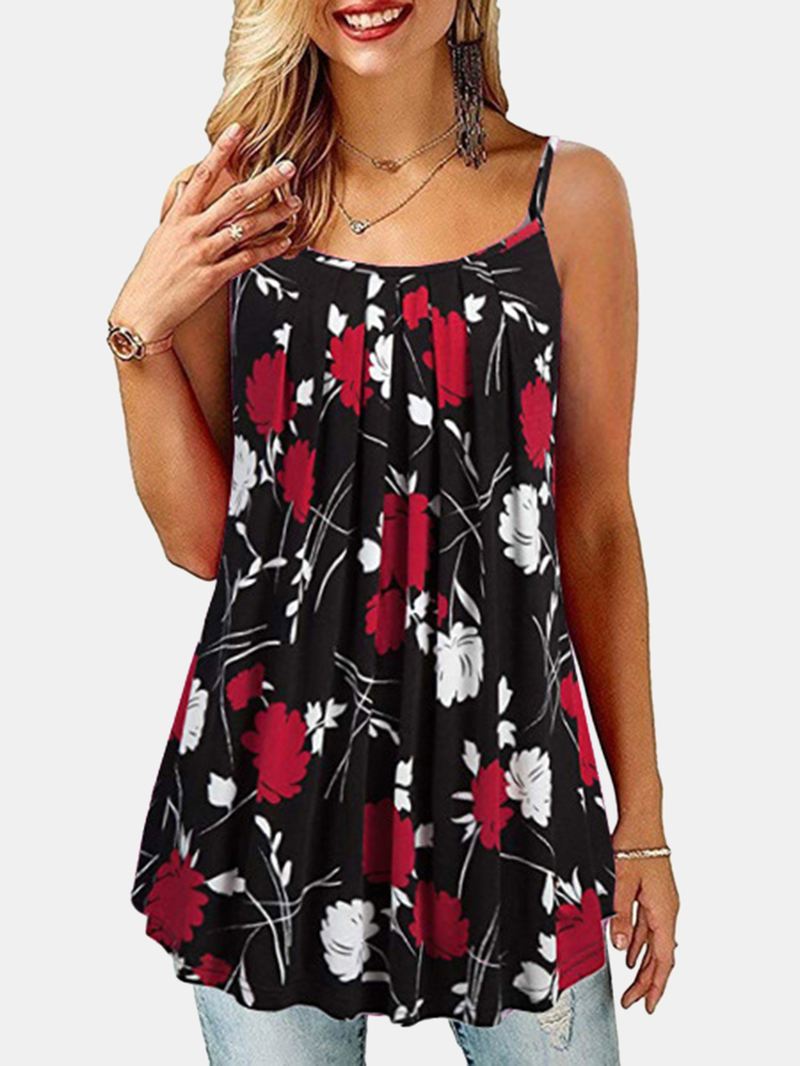 Sommer Ærmeløse Stropper Blomsterprint Uregelmæssig Hem Tank Tops