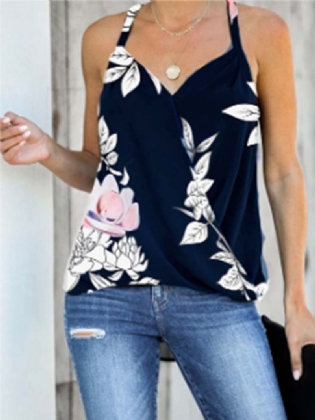 Vintage Blomsterprint Halter V-hals Ærmeløs Wrap Tank Top