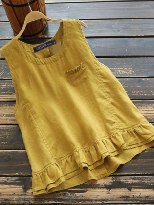 Vintage Bomuld Lagdelt Flæser Ensfarvet Ærmeløs Tanktop Til Kvinder