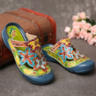 Håndlavet Læder Besat Floral Slip-on Flat Slides Mules Træsko Sandaler