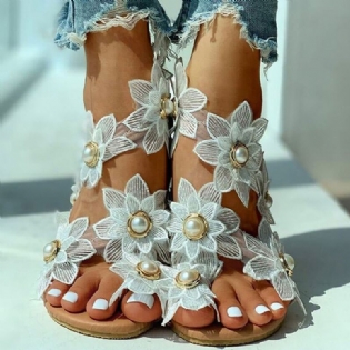 Kvinder Blomster Decro Bohemia Beading Slip På Casual Holiday Beach Flat Sandaler