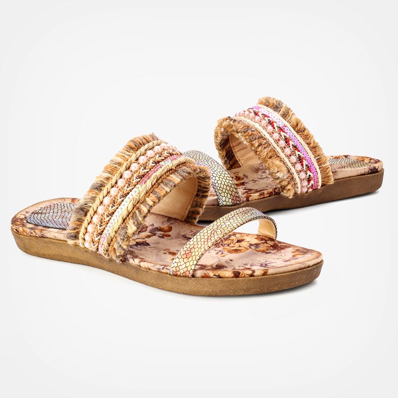 Kvinder Bohemian Folkways Stitching Non Slip Blomstermønster Åben Tå Sommer Strand Flade Sandaler