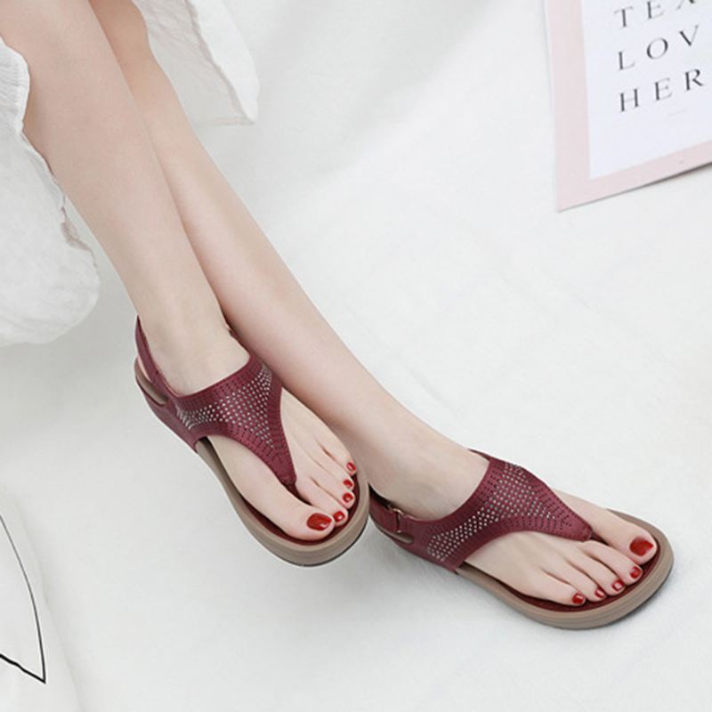 Kvinder Soft Sole Clip Toe Rhinestone Hook Loop Casual Summer Beach Wedge Sandaler