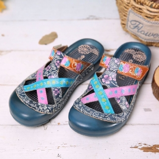 Læder Blomster På Kryds Og Tværs Justerbar Rem Slip-on Mules Træsko Flat Slides Sandaler