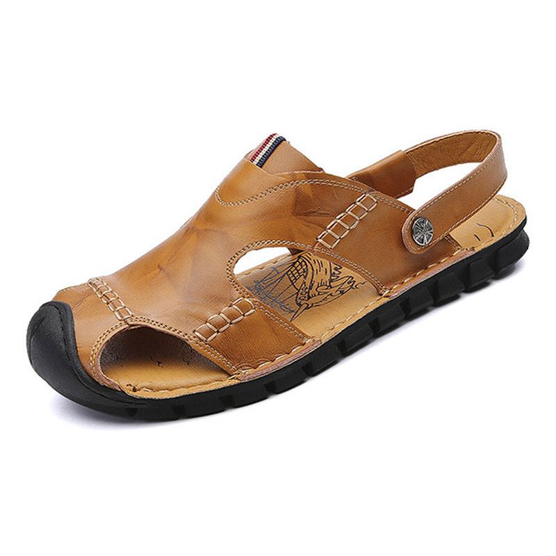 Mænd Casual Bløde Anti Collision Toe Sandaler I Ægte Læder