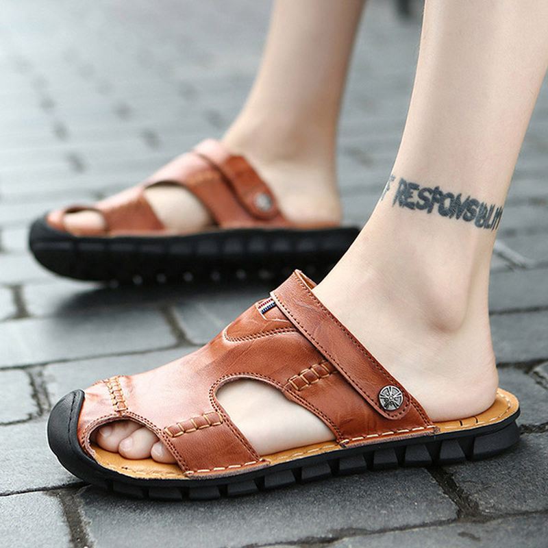 Mænd Casual Bløde Anti Collision Toe Sandaler I Ægte Læder
