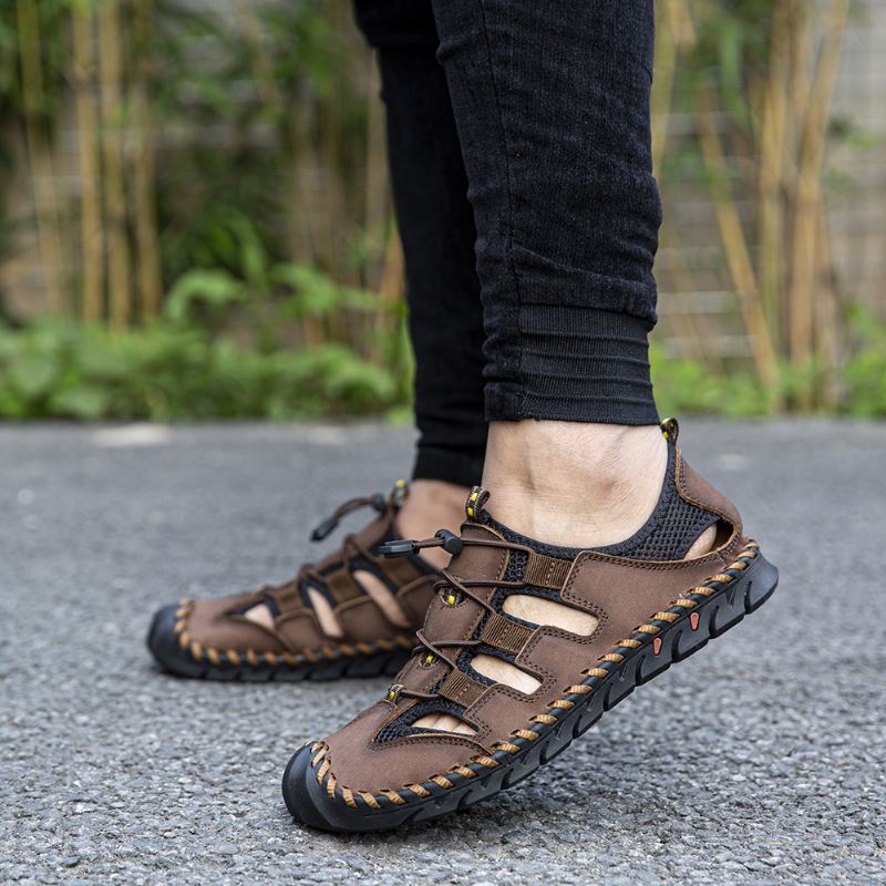 Mænd Læder Mesh Splejsning Skridsikker Casual Håndsyning Sandaler