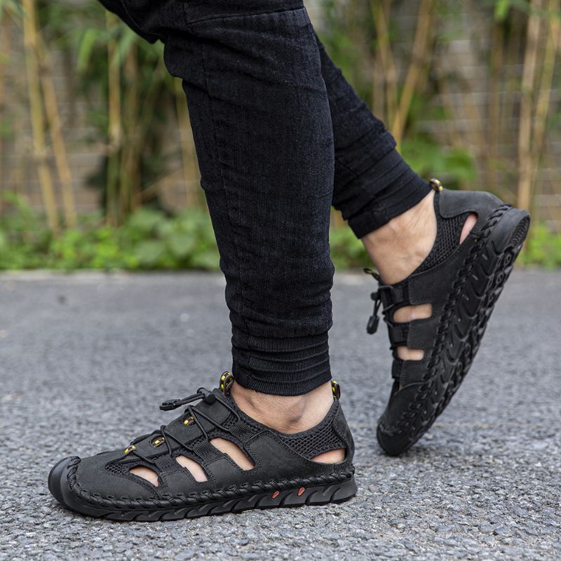 Mænd Læder Mesh Splejsning Skridsikker Casual Håndsyning Sandaler
