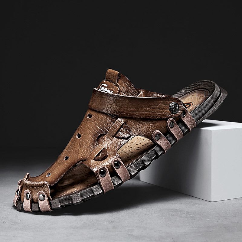 Mænd Pu Sandaler To-vejs Åndbar Lukket Tå Casual Vintage Hjemmesko