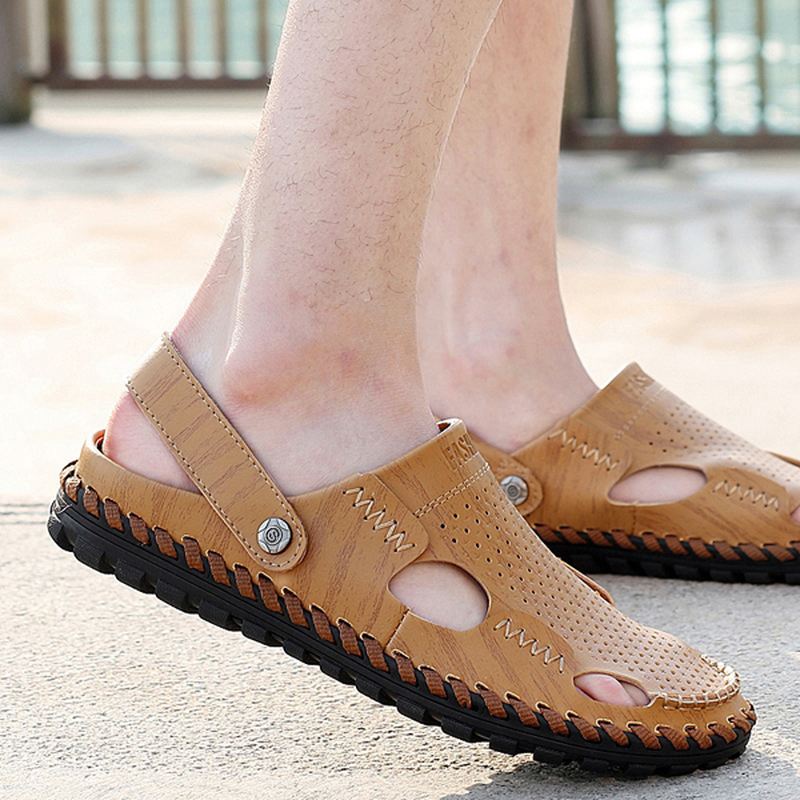 Mænd Sommer Læder Sandal Casual Rund Tå Udendørs Flad Mode Blød Strand Tøfler