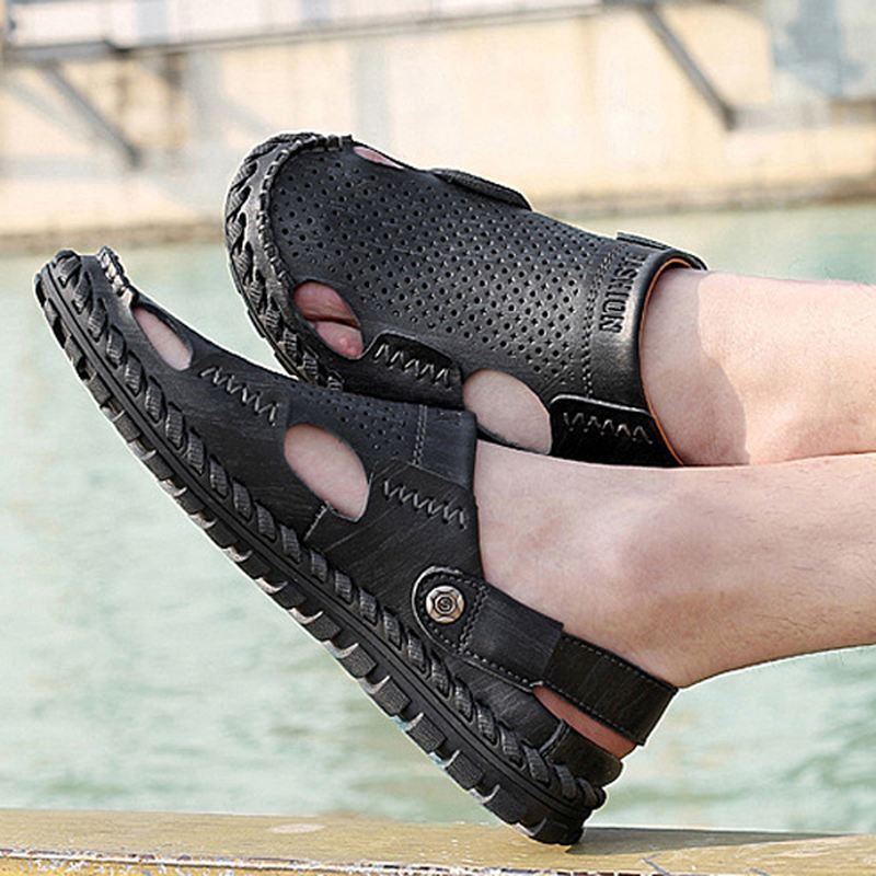 Mænd Sommer Læder Sandal Casual Rund Tå Udendørs Flad Mode Blød Strand Tøfler