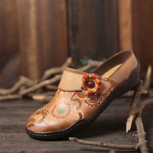 Retro-blomstret Præget Mønster Ægte Læder Super Slip-on-sko