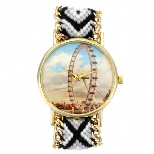 Brugerdefineret Folk Style Kvinder Watch Pariserhjul Case Strikket Stof Strap Casual Retro Quartz Armbåndsur