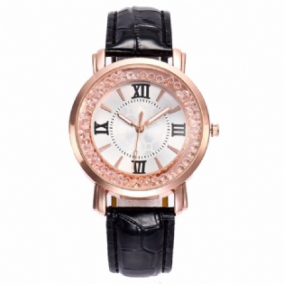 Mode Rose Guld Flydende Krystal Romertal Dame Kjole Armbånd Læder Kvinder Kvarts Ur
