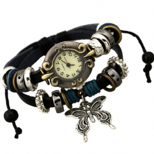 Vintage Flerlags Ko Læder Kvinder Armbånd Watch Butterfly Pendant Quartz Watch