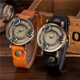 Vintage Thin Band Kvinder Armbåndsur Three Roses Hollow Dial Quartz Watch