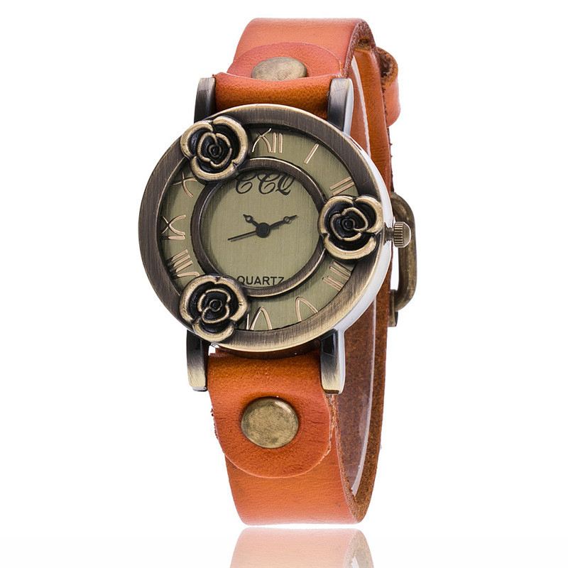 Vintage Thin Band Kvinder Armbåndsur Three Roses Hollow Dial Quartz Watch