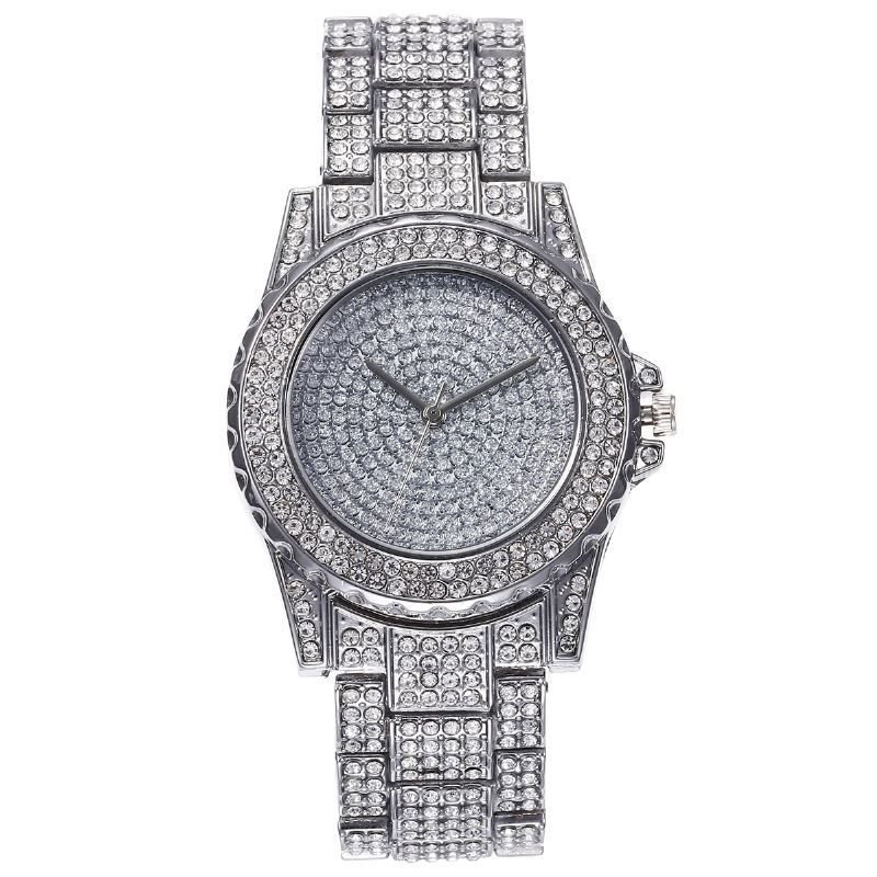 3 Stk Fuld Diamant Stålbånd Hip Hop Temperament Quartz Watch Rhinestone Armbånd Halskæde Sæt
