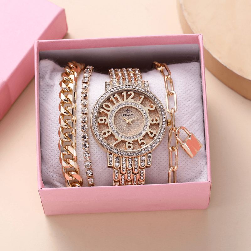 4 Stk Mode Rustfrit Stål Stor Urskive Stålbånd Lady Quartz Ur Armbånd