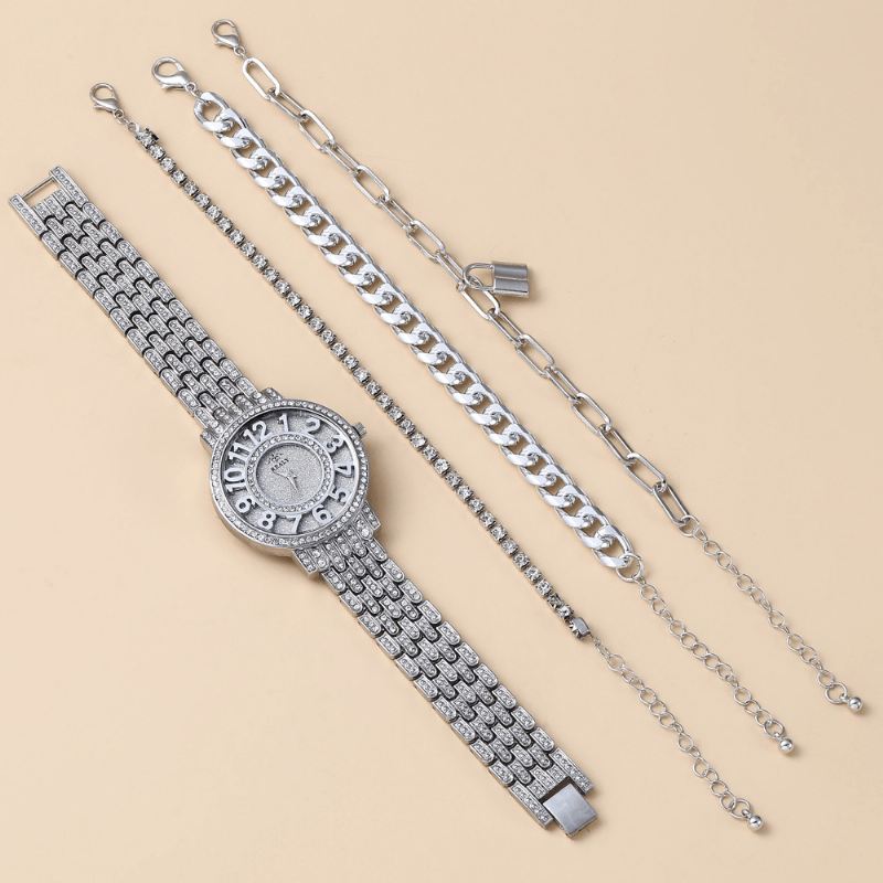 4 Stk Mode Rustfrit Stål Stor Urskive Stålbånd Lady Quartz Ur Armbånd