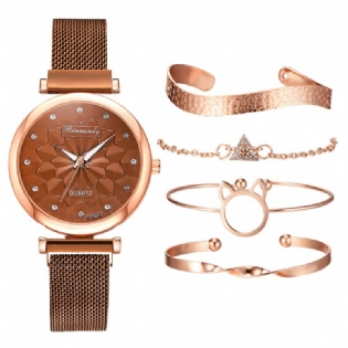 5 Stk Kombination Dame Armbånd Watch Sæt Blomster Dial Mesh Stål Band Quartz Watch