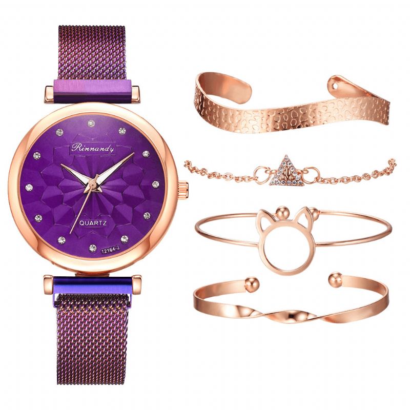 5 Stk Kombination Dame Armbånd Watch Sæt Blomster Dial Mesh Stål Band Quartz Watch