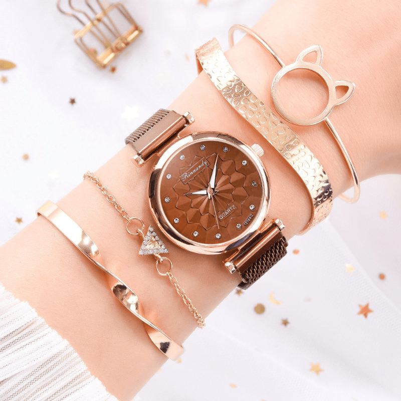 5 Stk Kombination Dame Armbånd Watch Sæt Blomster Dial Mesh Stål Band Quartz Watch