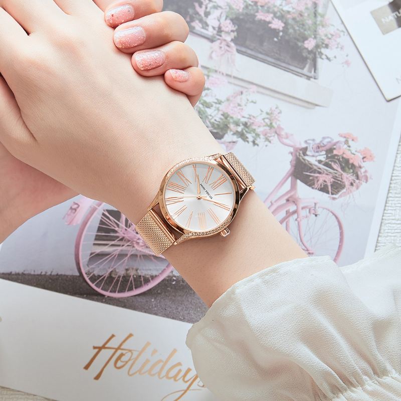 Casual Style Crystal Kvinder Armbåndsur Rustfrit Stål Band Quartz Watch