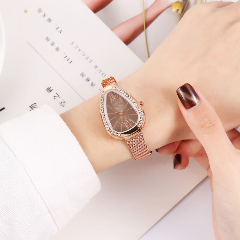 Crystal Case Triangle Dial Simpelt Design Fuld Stell Mesh Bælte Kvarts Quartz Watch
