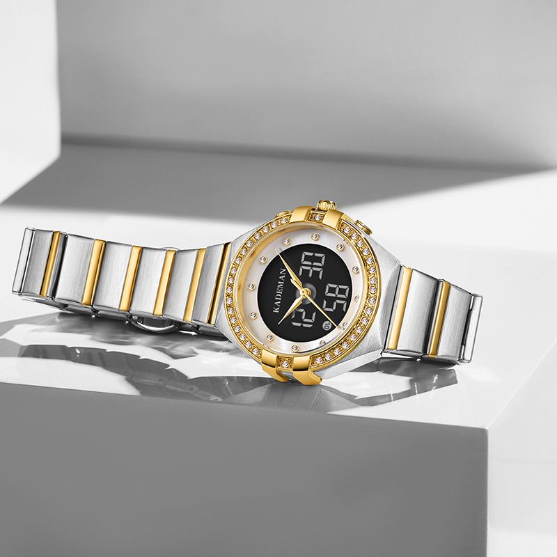 Crystal Elegant Design Dual Display Watch Full Steel Kvartsur Til Kvinder